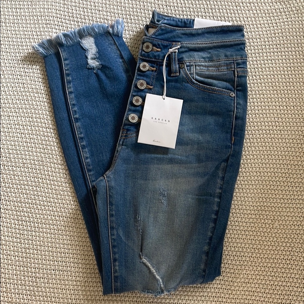KanCan Blue high rise ankle skinny